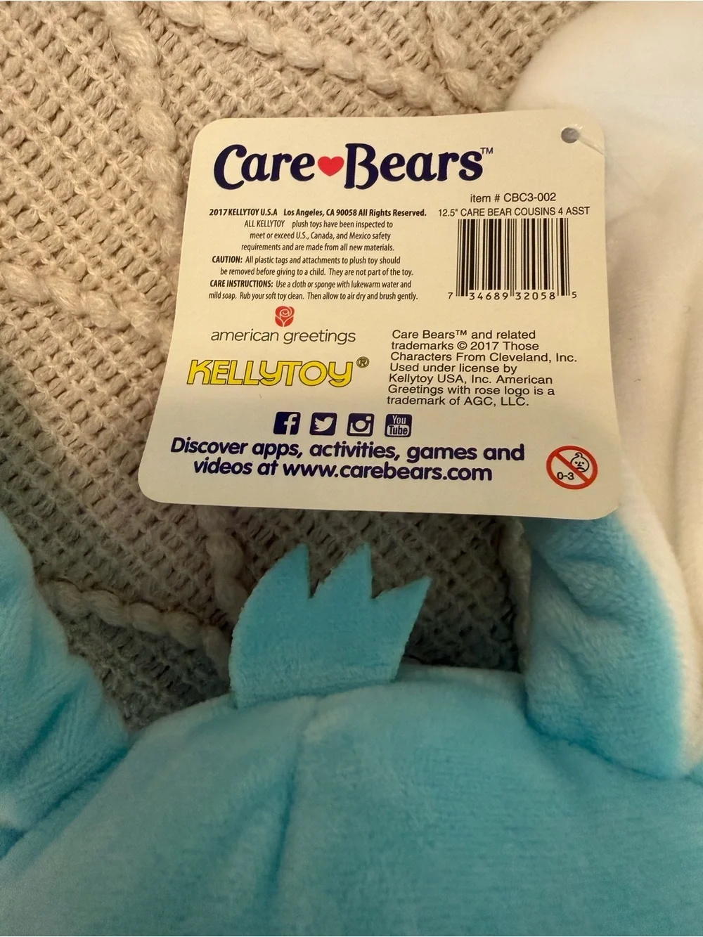 Care Bears Blue Bunny Plush with Pink Heart Emblem